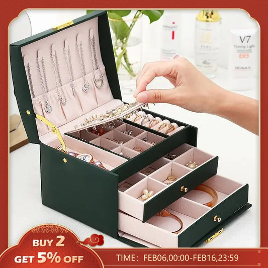 1pcs Multi Functional Three Layer Leather Drawer Style Jewelry Box Earrings Earrings Lock Jewelry Box