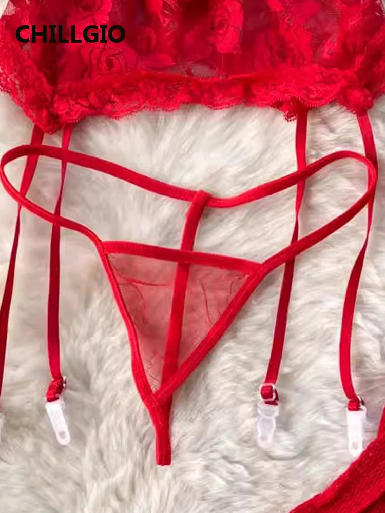 Women Transparent Floral Lace Bra Brief Suit Fashion Tight Erotic Underwear 3 Piece Sexy Intimate Lingerie Stocking Set