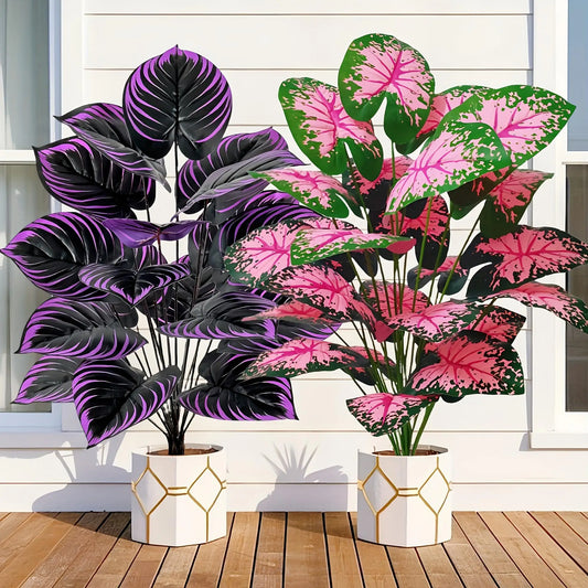 Violet/Pink Color Set of 2 Artificial Caladium Plants with Purple Pink Leaf Faux Bonsai Plant for Floor Garden Home Bedroom Office Decor Flowers