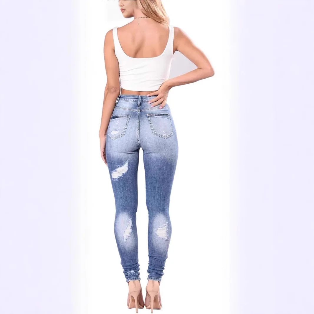 S-2X Plus Size Trendy Women's High-Waisted Slim Fit Denim Jeans Cross-Border Style Pencil Long Jeans Tear Hole Design Elegant Commute Girls Casual Spring Streetwear Apparel Supplies