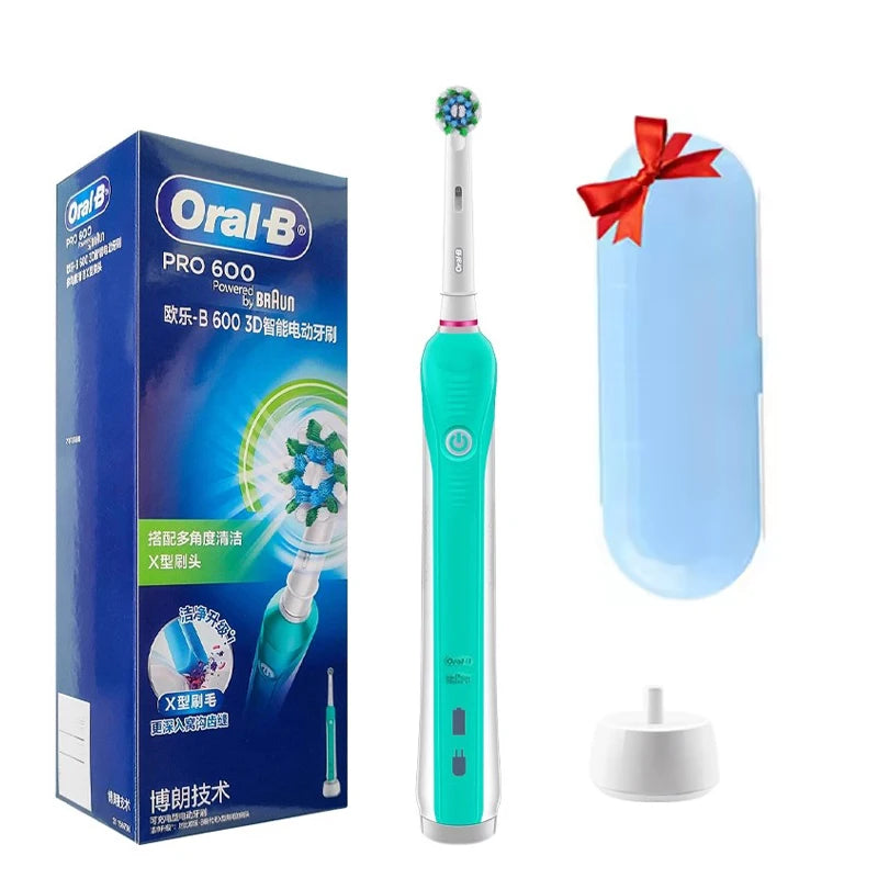 Original Oral B PRO 600 Electric Toothbrush 2-Minute Intelligent Timing + 8 Heads + Box Full Set Daily Clean Teeth Visible Pressure Sensor Waterproof Rechargeable Women Men Oral Hygiene Accessories Personal Care Supplies