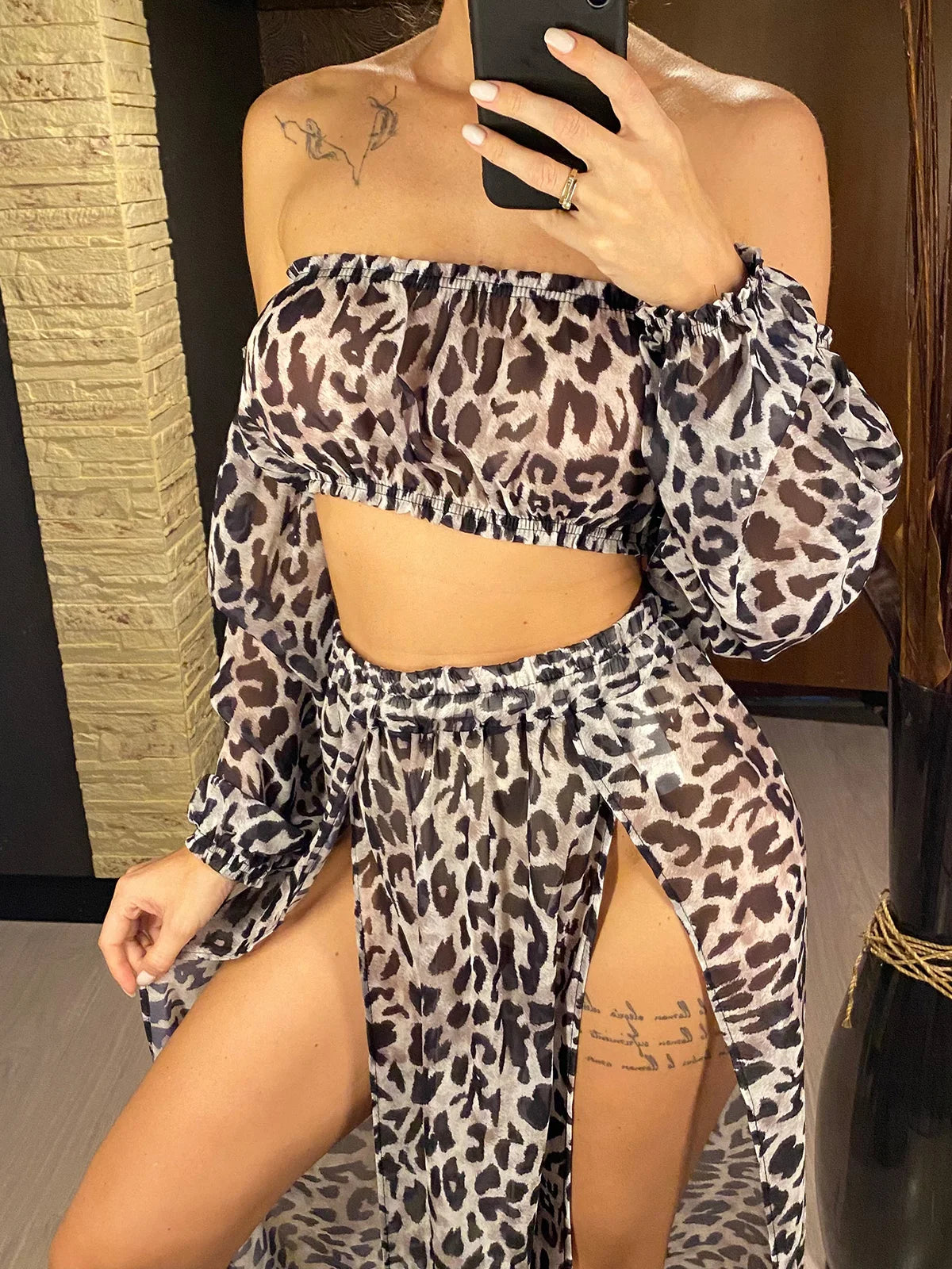 Leopard Off Shoulder Long Sleeve 2 Pieces Set Beach Cover Up Cover-ups Beach Dress Beach Wear Beachwear Female Women V3728