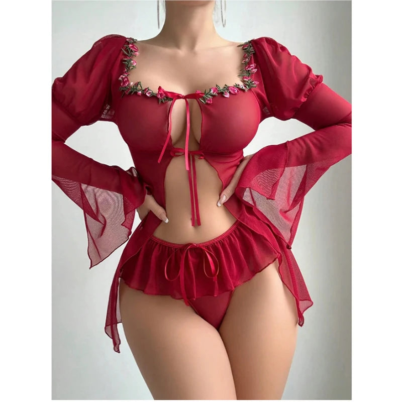 2PCS Set S-XL Sexy Night Dress Women Square Collar Embroidery Nightie Pajamas Set Wine Red Mesh Sleepwear Sexy Adult Female Nightgowns