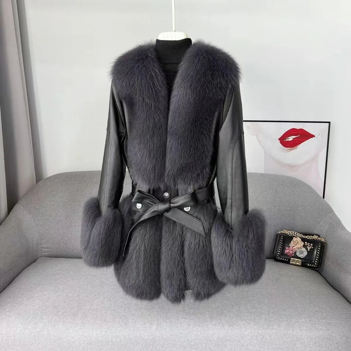 NEW Arrivals Leather Patchwork Faux Fox Fur Jacket Women Winter Warm Snow Outerwear Belted Plush Coat Elegant Fluffy Jackets High Quality Furry Overcoat Ladies Girls Luxury Fashion Clothing Supplies