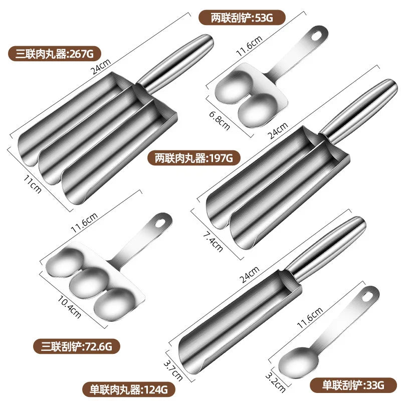 1/2/3.4 Slots Links Make 304 Stainless Steel Meatballs Rice-Meat Dumplings Maker Household Fish Ball Shrimp Sliding Die Meat Ball Maker Mold With Meat Dish Scoop Kitchenware Cooking Accessories