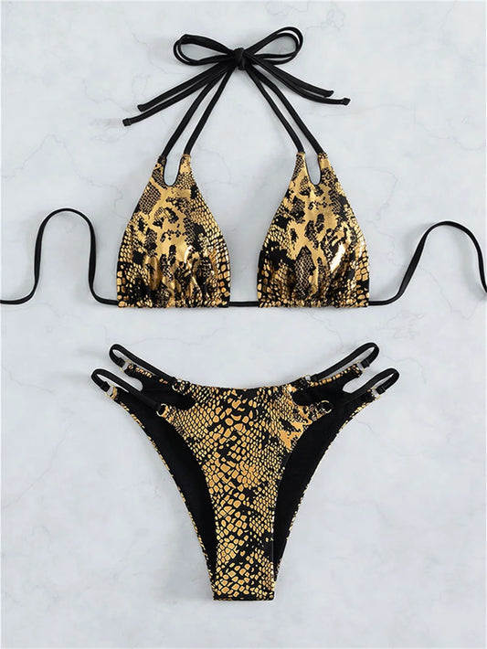Black Gold Snakeskin Bikini Metallic Bronzing Goth Swimsuit Push Up Backless Extreme String Swimwear Thongs Women Beach Bathing Suit Ladies Summer Beach Vacation Outfits