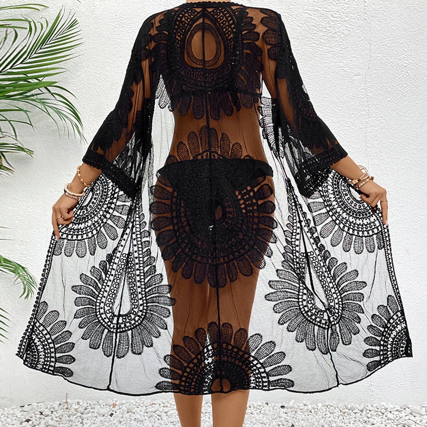 BRAND NEW Sexy Mesh Flower Bikini Cover Ups for Women Floral Embroidery See-Through Lace Beach Kimono Swimsuit Bathing Suit Ladies Summer Clothes