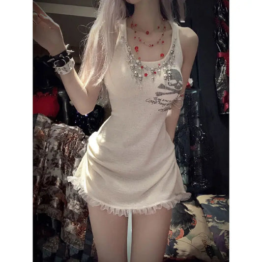 New Gothic Summer Drawstring Spliced Lace European and American Short Styles Sleeveless Slim Solid Color A-line Skirt