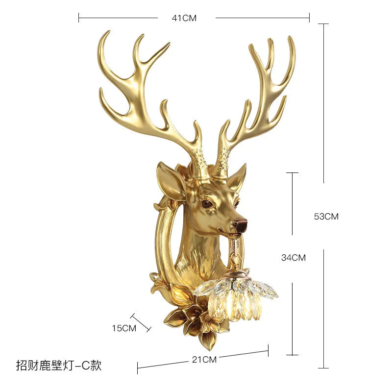 American Retro Lucky Deer Head Warm and White Lighting Wall Lamps Living Room Bedroom Restaurant Hotel Atmosphere Decorate Crystal Antlers Wall Sconces