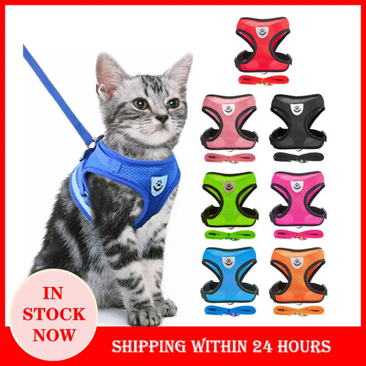 NEW Cat Harness Adjustable Vest Walking Traction Rope Set for Dog Collar Breathable Mesh Harness for Small Medium Cat Dog Pet Lead Reflective Strips Pets Supplies