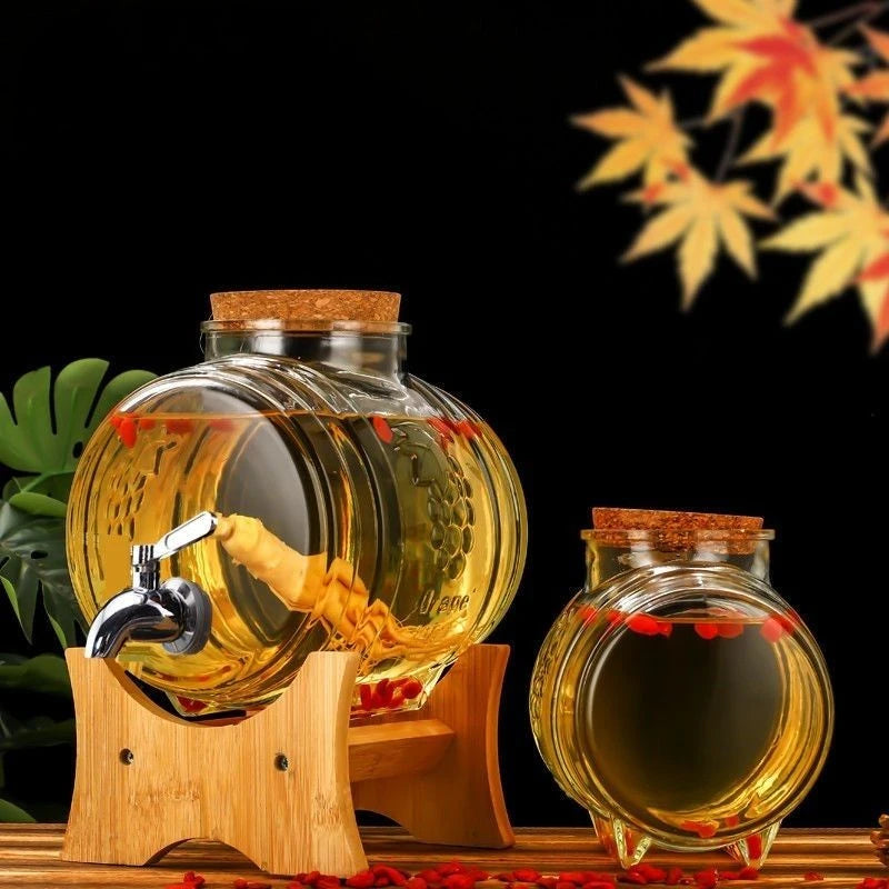 5000ML-3000ML Full Set Large Capacity Special Barrel Glass Wine Bottle with Faucet Wooden  Base, Fruit Wine, Ginseng Wine Barrel, Medicinal Wine Jar Home Bar Pubs Restaurants Barware Accessories