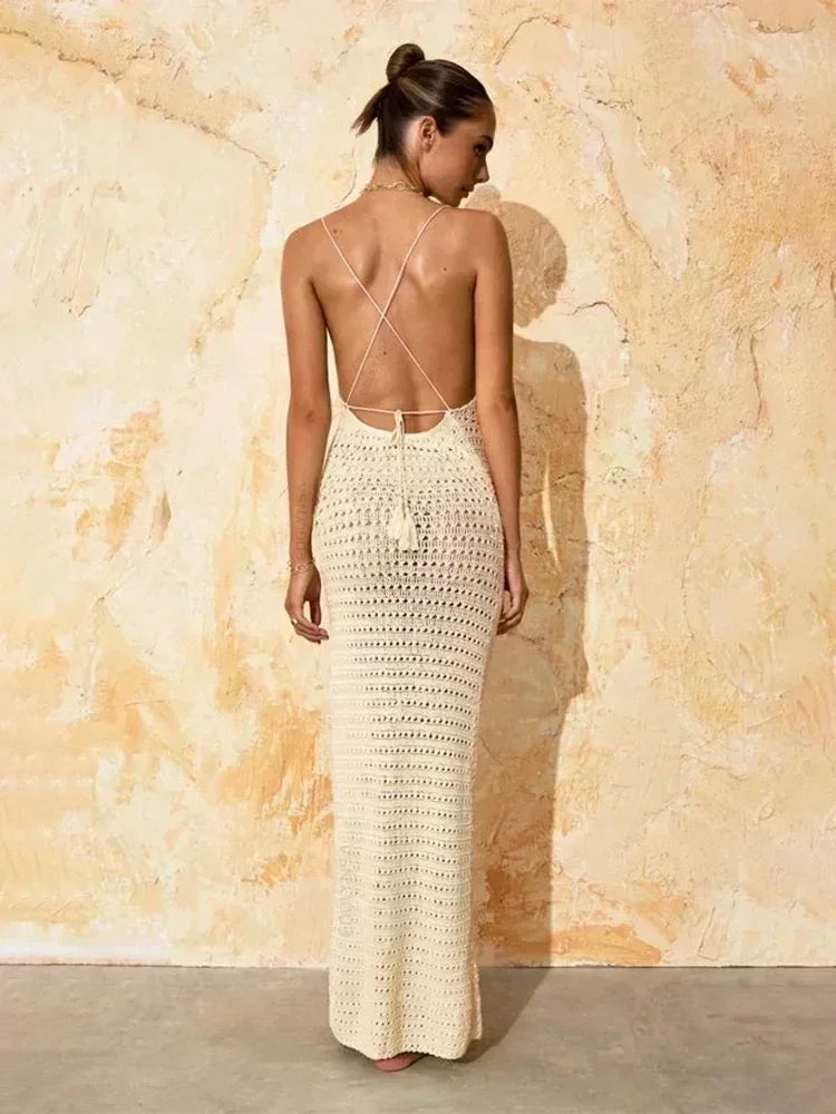 NEW Arrivals UK Size 6 Colors Sexy Knit Cut Out Tassel Spaghetti Strap Bodycon Evening Beach Party Maxi Dress Summer Women's Holiday Club Party Outfit Swimsuit Cover Up K10