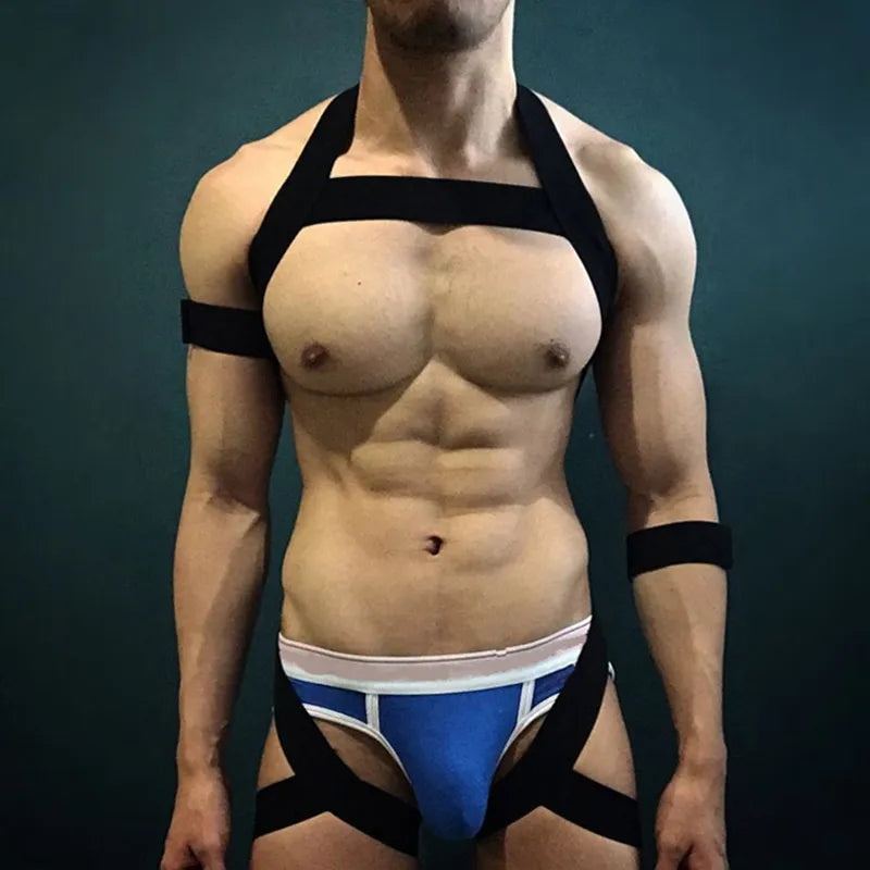 CLEVER-MENMODE Sexy Mens Harness Set Elastic Halter Chest Body Straps Hollow Out Lingerie Bondage Belts Fetish Arm Wrist Band