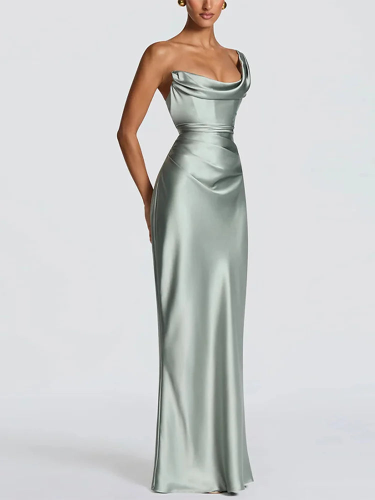 S-XL 3 Colors One Shoulder Satin Women 's Maxi Dress Cowl Neck Ruched Waist Bodycon Dresses Summer Woman Formal Evening Party Wedding Guest Outfit