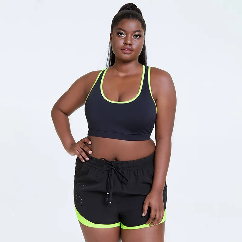 L - 4XL Women 2 Piece Bra Short Set Plus Size Yoga Gym Sets Girl Sportswear Fitness Sport Suit Gym Outfit Workout Clothes Activewear 4XL