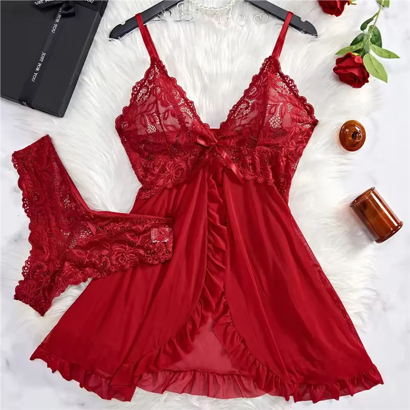 UK S-2XL Plus Size Black/Red Color Sexy Pajamas Sets Sling Transparent Sexy Lingerie Women's Underwear See-Through Sleepwear Lace Nightdress