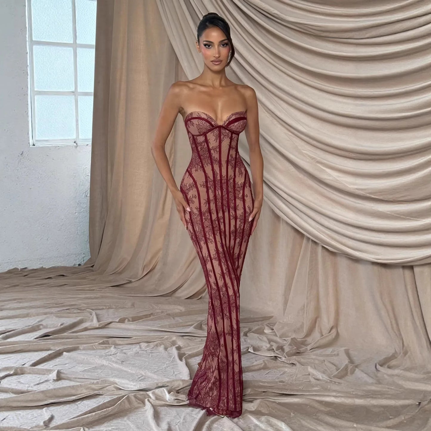 Black/Red Color French Style Chic Gauze  Strapless Sexy Maxi Dress Women Backless Off-Shoulder Waist Cinching Slim Lady Evening Party Gowns