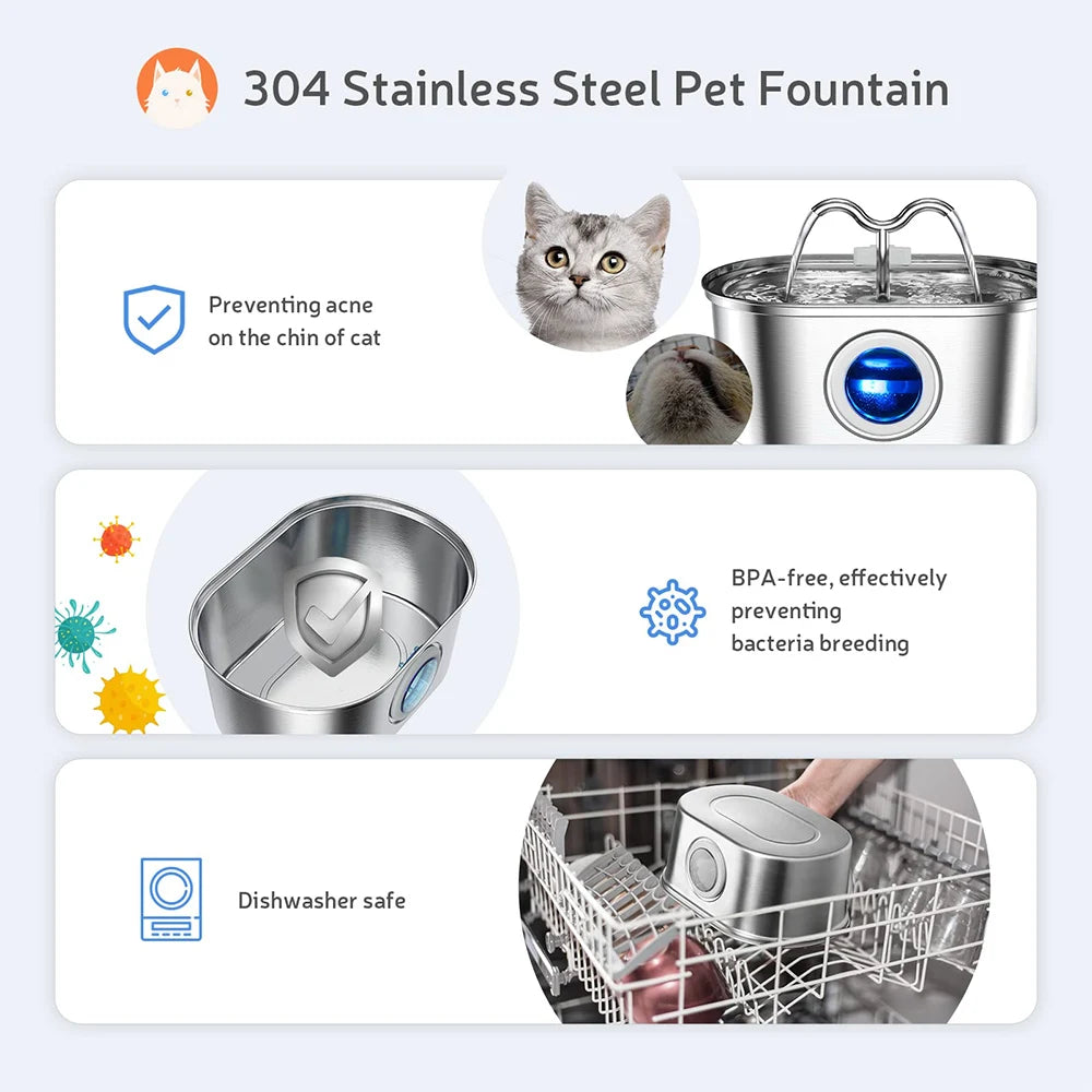 1080Z/3.2L Cat Water Stainless Steel Pets Dispenser With LED Light Silent Pump Automatic Fountain For Cat Dog Drinking Bowl