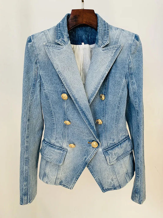 Newest  Designer Jacket Women's Slim Fitting Double Breasted Lion Buttons Denim Blazer