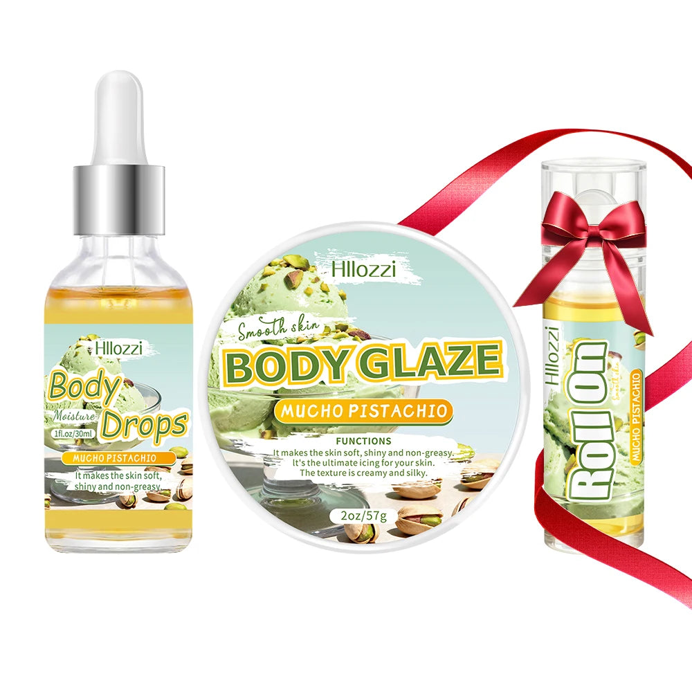 3 PCS Set Pistachio Body Oil and Glaze Set Includes a Roller Applicator Oil for Moisturizing and Hydrating Face Body Drops Dry Skin. Korean Products Skin Care Sets
