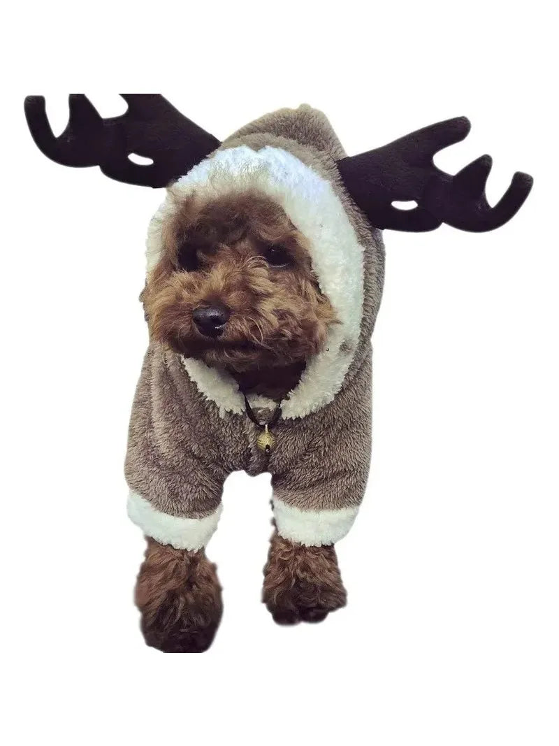 Pet Reindeer Role Play Halloween Christmas Moose Costume Puppy Hoodie Coat Jacket Clothes Wool Warm Hooded Jumpsuit Costume