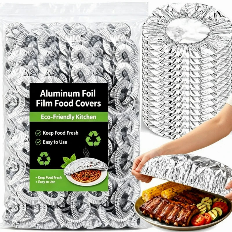 100 PCS Set Aluminum Foil Film Food Plates Cover Elastic Disposable Food Grade Covers Fresh-Keep Lid Fruit Vegetable Insulation Storage Saran Wrap
