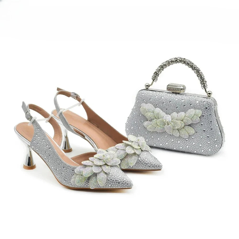 New Arrival 5 Colors Italian Women Heel Party Luxury Wedding Guest Handmade Matching Shoes and Bag Set Rhinestones Handbag Italian Design Luxury Wedding Shoes for Bride Evening Party Shoes