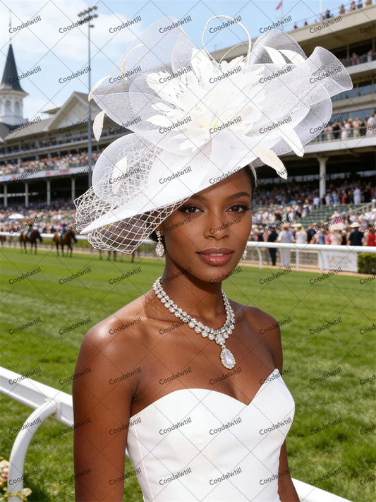 20 Colors White Mesh Ladies Royal Ascot Horses Race Evening Bride Wedding Opera Concert Church Fascinator Hat Feather Flower Headpiece For Women Elegant Chapeau Cap Femme Veils Millinery