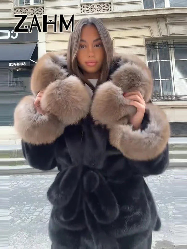 NEW UK Size Black/White/Gray Color Elegant Collar Fur Lace Up Coat Women Loose Full Sleeve Open Stitch Lapel Warm Coats Female Autumn Winter Thicken Top New Girls Winter Outwear