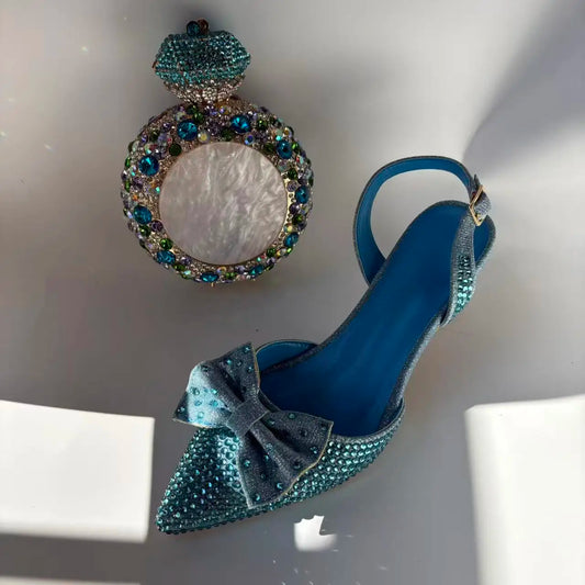Newest Lake Blue Pumps Women Thin Heels with Bag Set Rhinestones Leather Sandals Evening Wedding Party Women's Shoes for Bridal