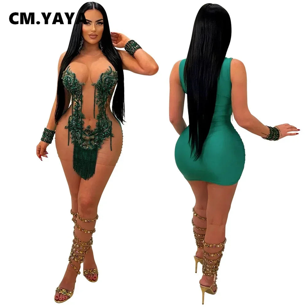 Black/White Color Sexy Hot Girls Women O-Neck Sequined Tassel See Through Mini Dress Sleeveless Mesh Sexy Pencil Dresses Sexy Fashion Summer Evening Beach Party Night Clubwear Prom Clothes