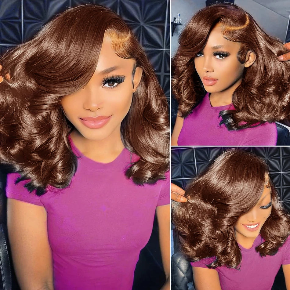 Just Arrived Body Wave 250% Density Chocolate Brown Short Bob Wig 13x4 HD Lace Front Wig 100% Human Hair Wigs Loose Wave Bob Wigs For Women