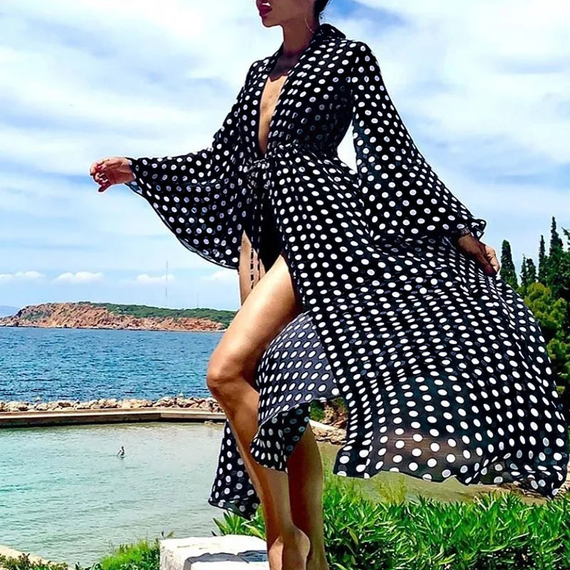 NEW Chiffon Black Beach Dress Long Beach Cover Up Woman Swimwear Bikini Tunic Long Pareo Robe Ladies Beachwear Outfit