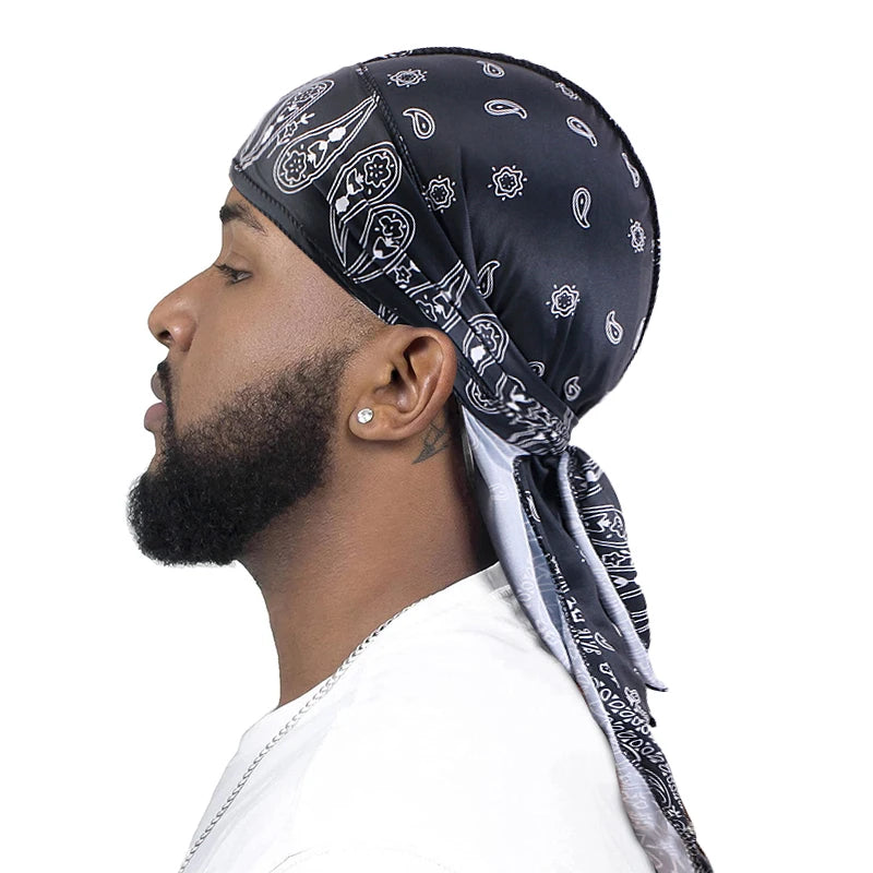 New Men Satin Paisley 8 Colors  Durag Turban Bandanas Headwear Silky Durag Doo Rag Long Tail Pirate Hat Wave Caps Hair Accessories