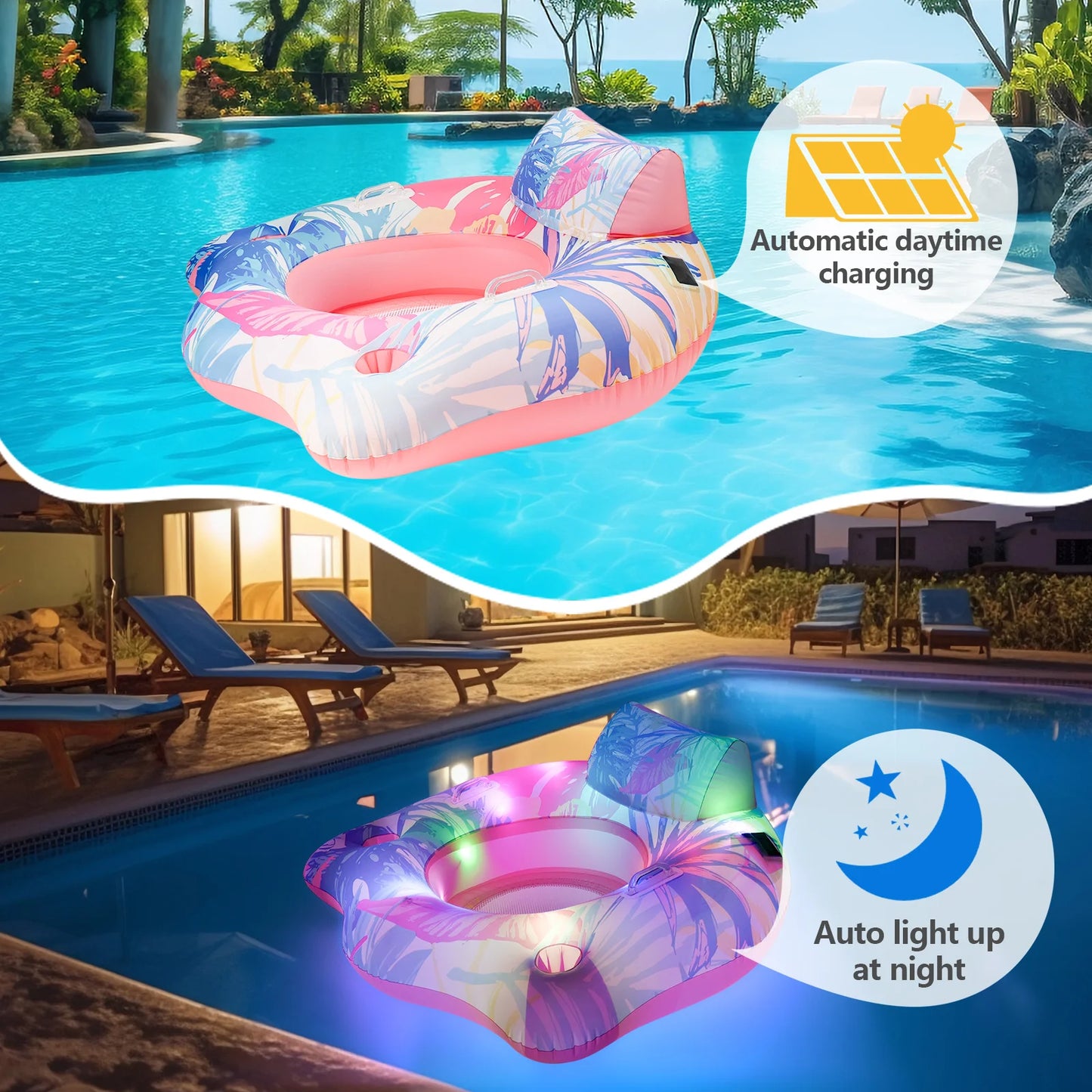 NEW Arrivals Solar RGB LED Lights Adult inflatable Swimming Ring , Spacious Back, Comfortable Mesh Bottom, Suitable  Swimming Water Pool Night Party Swimming Accessories