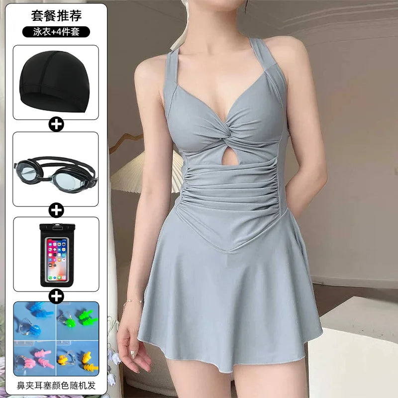 4 PCS Set Women's Swimsuit Dress + Swimming Cap + Goggles + Mobile Phones Bag + Nose Clip Earplugs Conservative Slimming Korean Style Sporty Hot Spring Swimming Suit Pure Color Skirt Style Gathered Bathing Sets