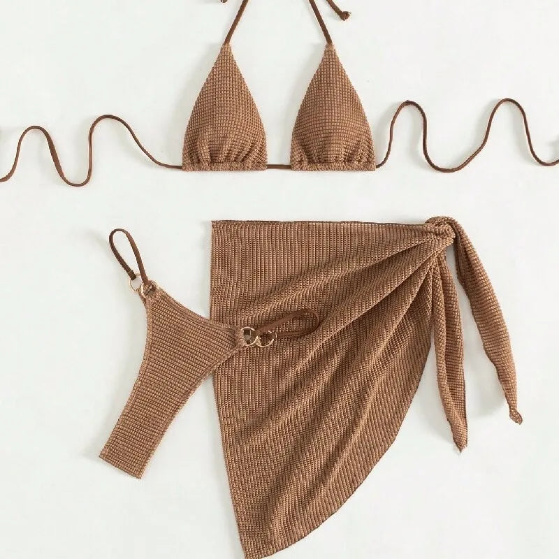 NEW Arrivals HOT SALE 3 PCS Set Sexy Brown Bikini Set Women Halter Push Up Padded Bra Skirt Swimsuit Summer Bathing Suit Cover Up Thong Swimwear