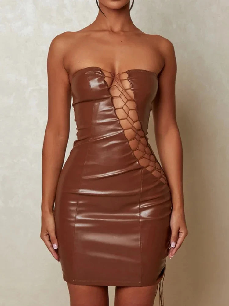 White and Black Color Women's Sexy PU Leather Cross Strap Hollow Out Slim Bodycon Dress Women Sleeveless Off Shoulder Mini Dress Evening Midnight Club Party Clothes