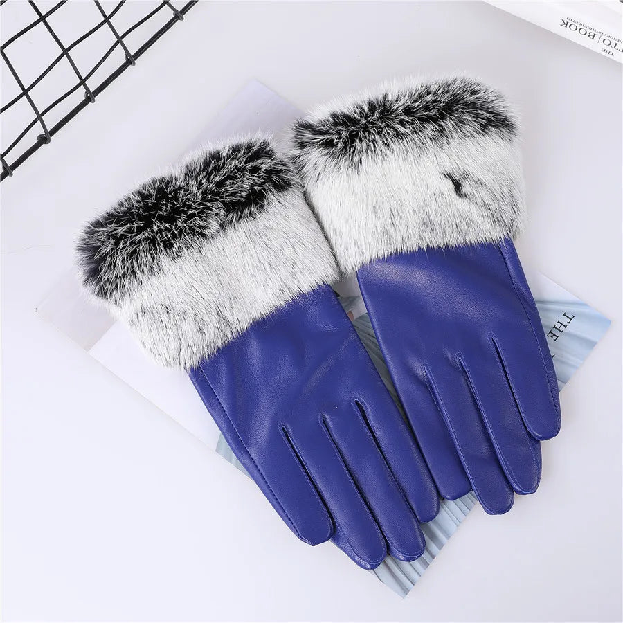 New Arrivals Women's Luxury Real Sheepskin Leather Gloves With Real Natural Rabbit Fur Cuffs Female Formal Evening Party Business Dinner Warm Gloves Fleece Lining Touch Screen Gloves Ladies Luxury Fashion Apparel Accessories
