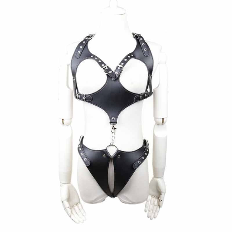 Sexy Open Leather Lingerie Women Bodysuit Erotic Bdsm Gothic Open Bra Open Crotch Underwear Sex Outfit Fetish Panty Bra Set