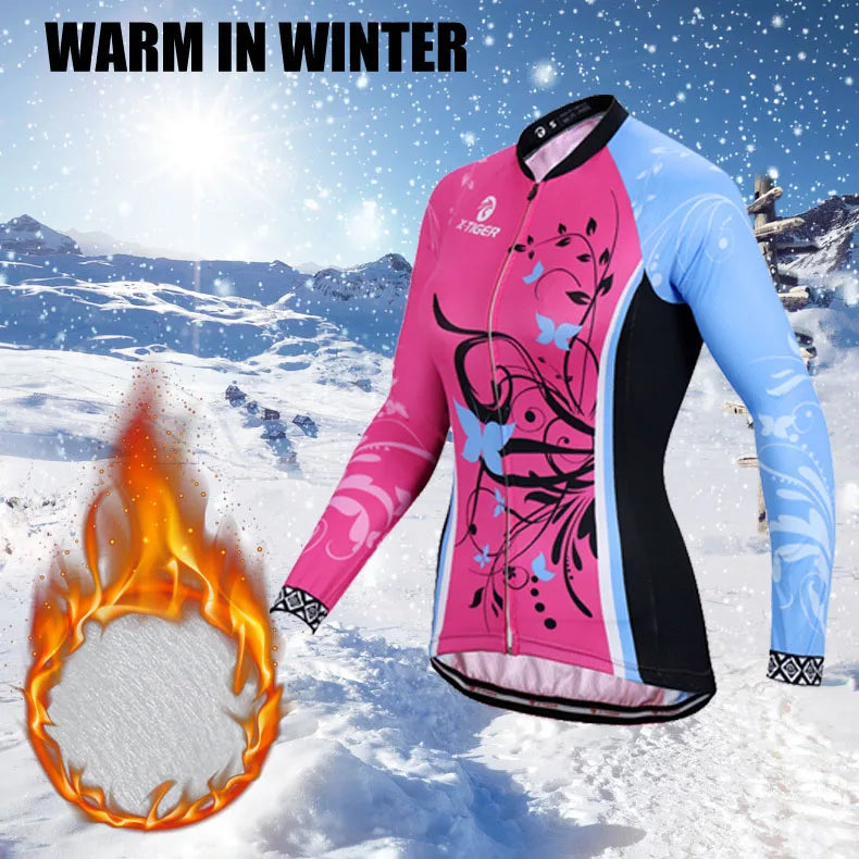 NEW Arrivals S-3XL Plus Size X-TIGER Women's Winter Thermal Cycling Jersey -5-10℃ Outdoor Sports Warm Fleece Fabric Long Sleeve Sportswear with Back Storage Pockets