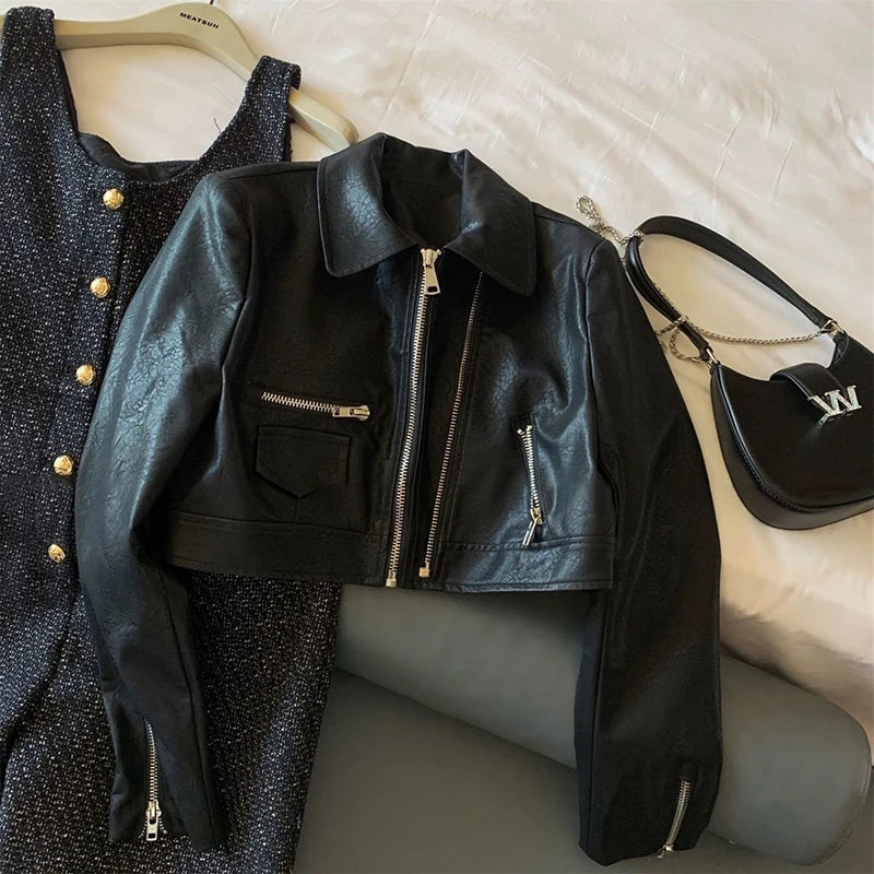 NEW Arrivals Vintage Cropped PU Leather Jacket Women Streetwear Black Motorcycle Coat Fall Winter Long Sleeve Zipper Chic Outerwear Girls Casual Fashion Clothing Supplies