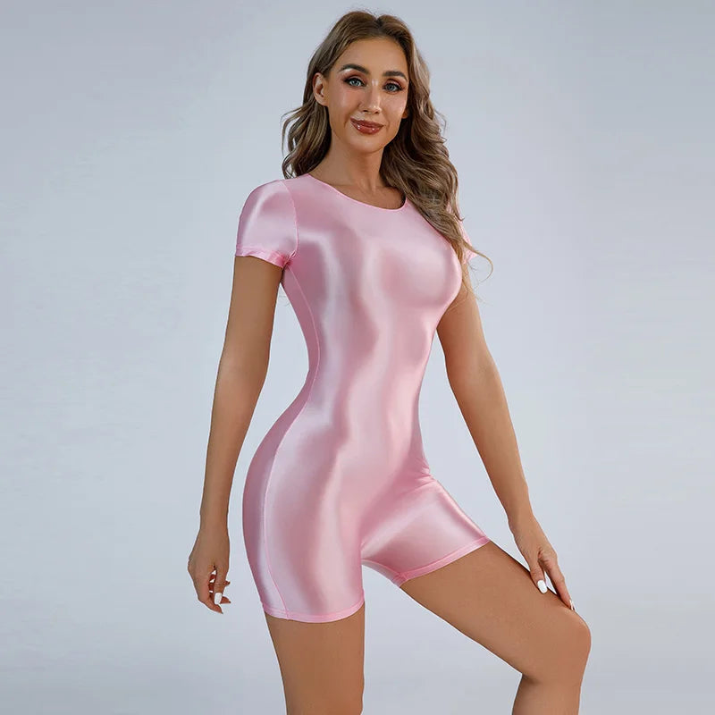 Sexy Jumpsuits Women Oil Glossy Shiny Yoga Shaper Tights Bodycon Bodysuit Elastic One Piece See Through Sexy Tights Satin Shaper Leotard Short Rompers