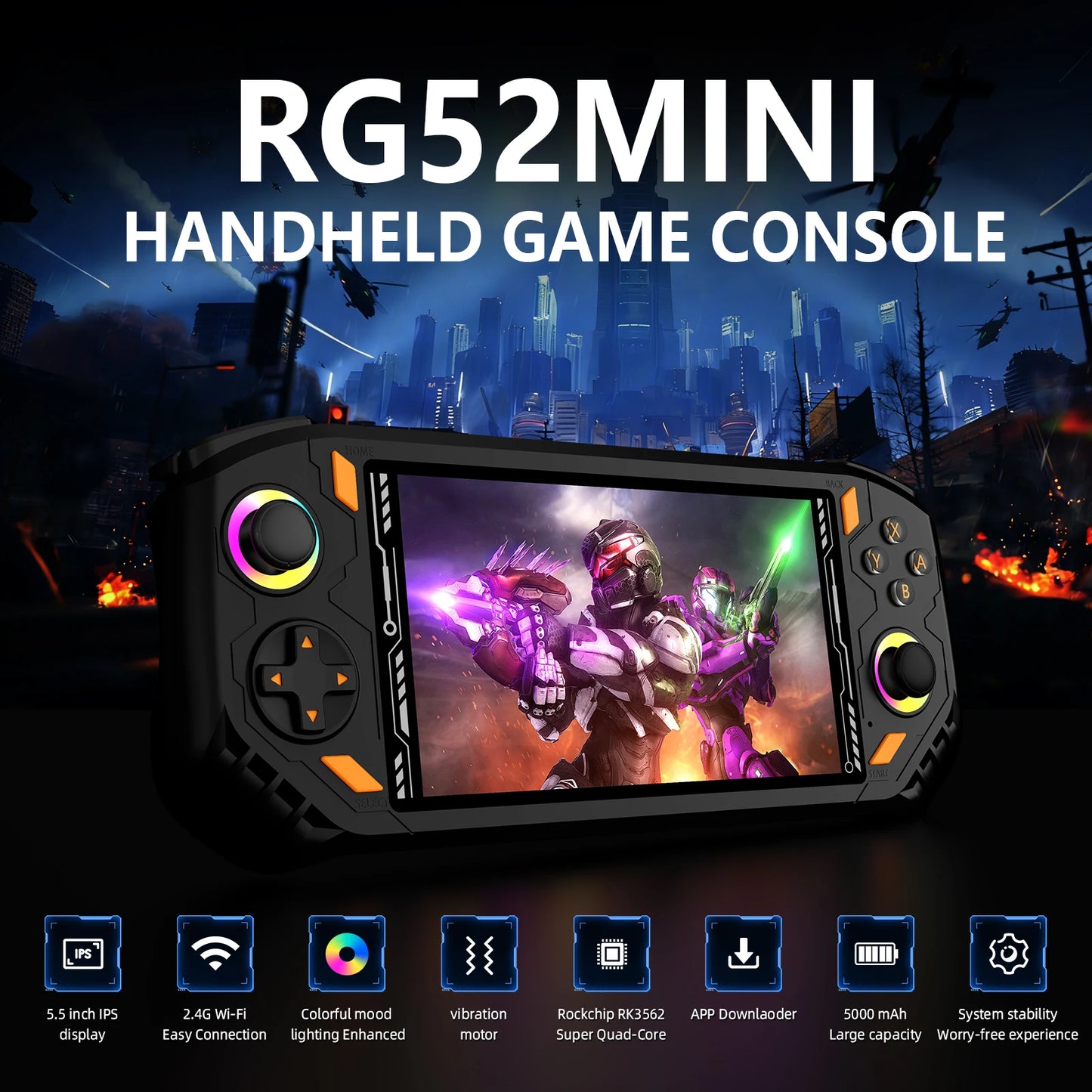 RG52 MINI Handheld Game Console 25 Languages 18.000+ Games EMU-ELEC System 2.4G WI-FI 5.5" IPS Screen 30+ Emulator Potable Retro Games Console Pocket Player Computer PC Gaming Supplies