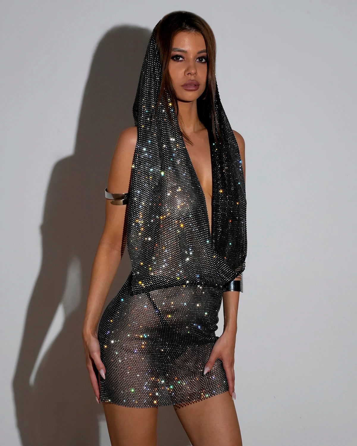 2 PCS Set White/Black Color Sexy See Through Glitter Fishnet Diamonds Mini Skirt Suit for Women Mesh Turban Dress Low Cut Crop Y2K Tops Elastic Waist Wrap Hip Skirts