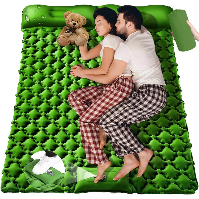 Outdoor Travel Camping Portable Self-Inflating Double Sleeping Mat, Thick Camping Pad with Built-In Pillow & Foot Inflation for Outdoor Adventure