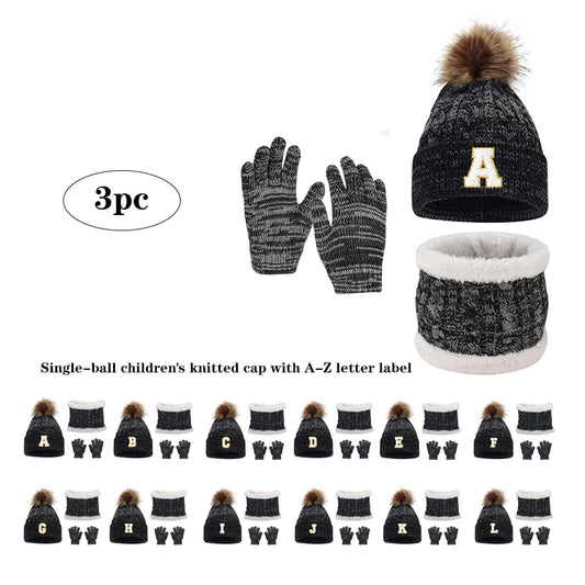 NEW 3 PCS Set 77 Types Children's Cotton Caps, Scarves, Gloves Sets and knitted Caps Marked with Letters A to Z for Children Aged 3 to 12 Outdoor Activities Travel Sports Apparel Accessories
