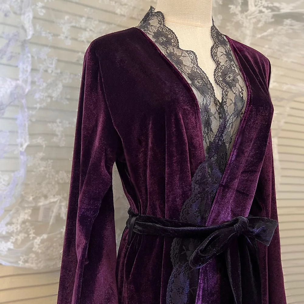 NEW Arrivals Luxury Black/Red Ultra Long Morning Velvet Dress Gown Autumn Winter Velour Sleepwear Women Warm Bathrobe Kimono Sexy Lace Trim Nightgown Bride Home Wear Ladies Luxury Lingerie Fashion Clothing Products