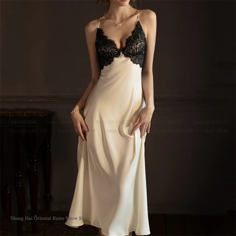 2 PCS Set Sexy Female  Long Robe Nightgown Spring Summer New Silk Satin Sleepwear Nightdress Lingerie Patchwork Lace Home Wear