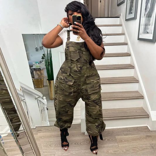 Sexy Women Camouflage Loose Jumpsuit Sexy Women Spaghetti Strap Elegant Camo Military Casual Overalls Romper